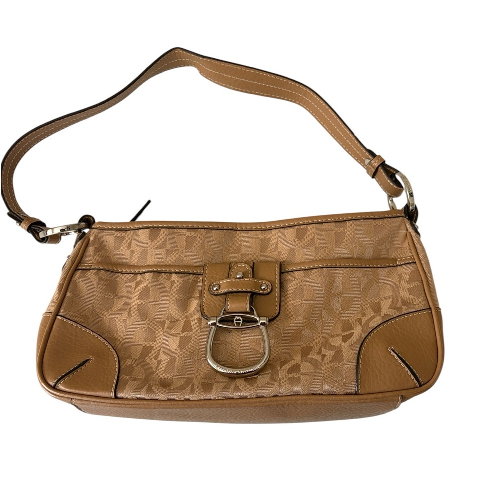 Etienne Aigner  tan/camel monogram embossed hand/shoulder bag,canvas w/faux trim